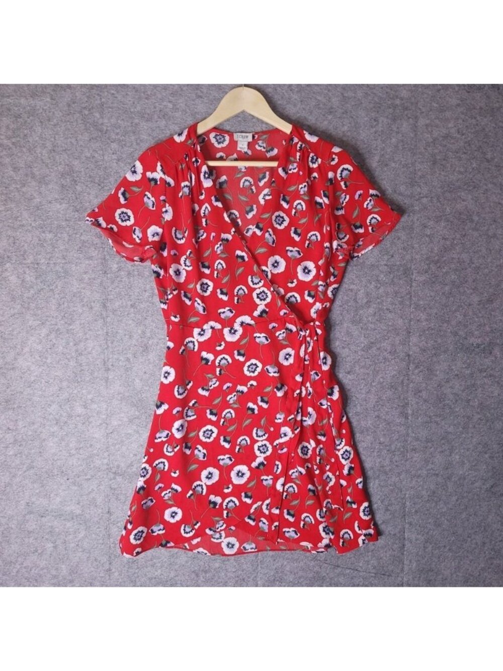 J.Crew Floral Wrap Dress Size 6 Red V Neck Short Sleeve Knee Length Garden Party